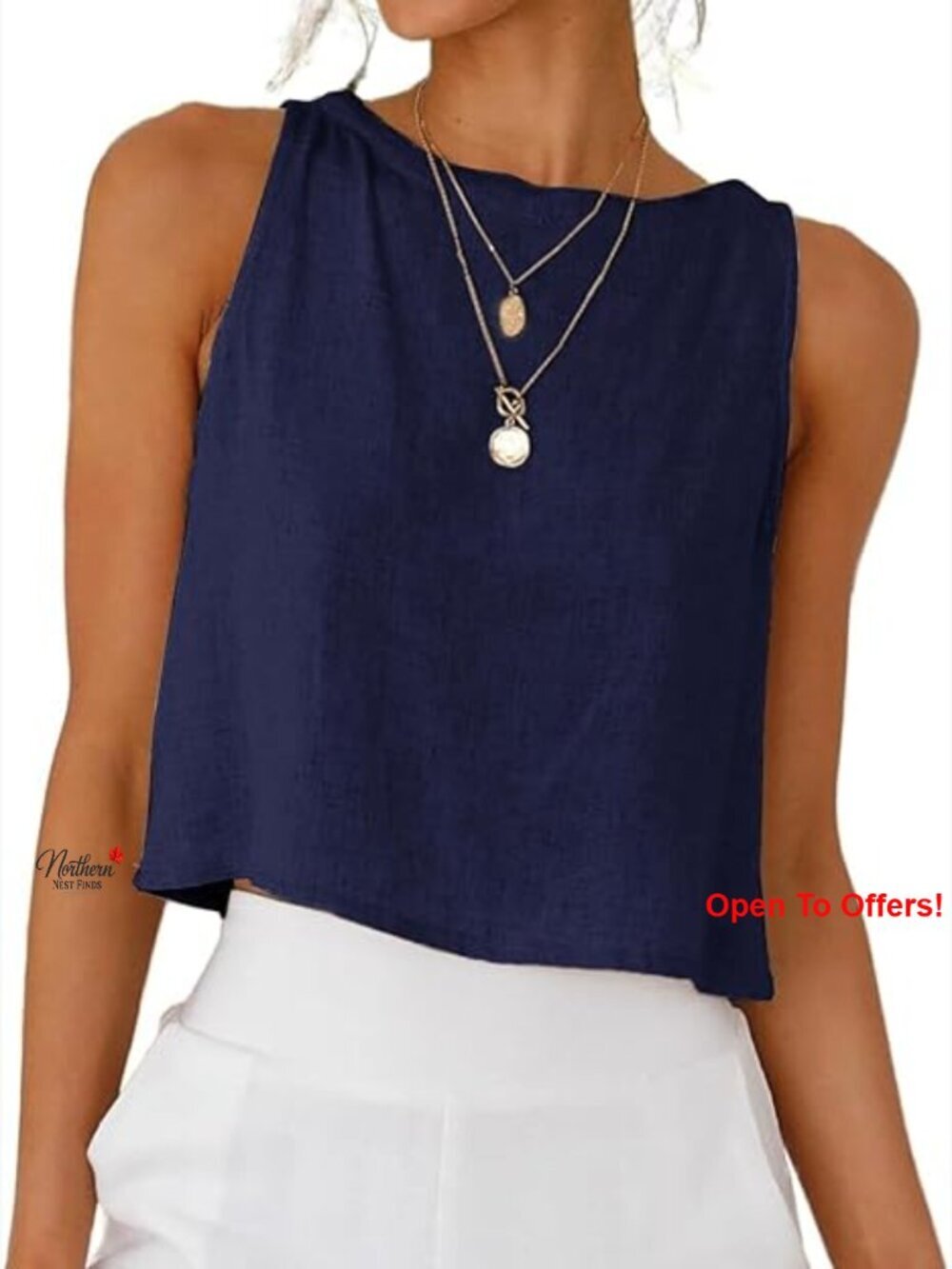 Linen Blend Crop Tank Top with Back Buttons Loose Fit